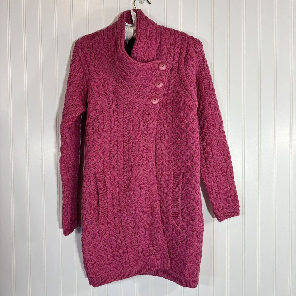 Aran Crafts 100% Merino Wool Cable Knit Cardigan Size XXS Chunky Pink Ireland